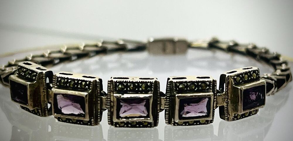 Vintage Art Deco Amethyst & Marcasite Sterling Silver Link Bracelet